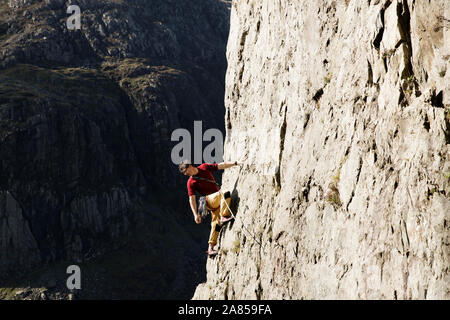 Maschio di scalatore di grande scala di roccia, guardando verso il basso sulla spalla Foto Stock