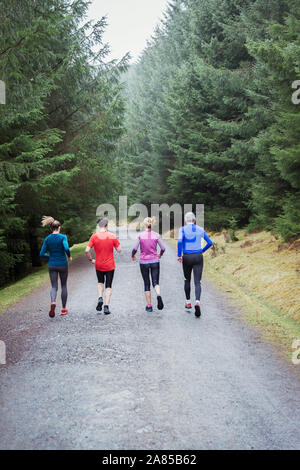 Famiglia di jogging sul sentiero nel bosco Foto Stock