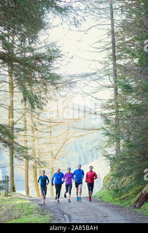 Famiglia di jogging sul sentiero nel bosco Foto Stock