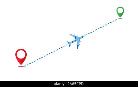 Percorso dell'icona del velivolo da un punto ad un altro. La rotta del velivolo. Illustrazione Vettoriale
