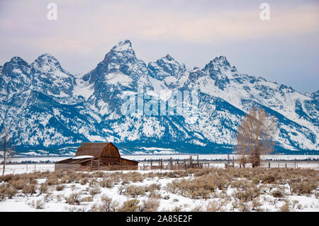 Moulton Barn e Teton Range in Jackson Hole valley in inverno Foto Stock