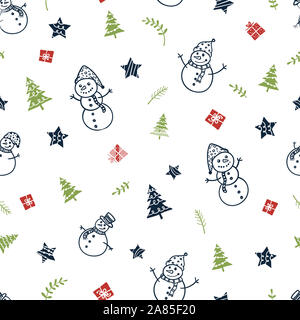Divertente e carino disegnato a mano mans neve seamless pattern, inverno sfondo a tema - grande per i prodotti tessili, confezionamento, banner, sfondi, disegno vettoriale Foto Stock