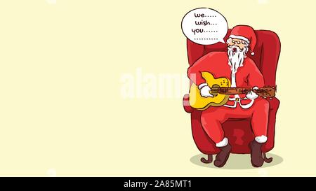 Santa Claus sedersi nel divano rosso suonare la chitarra acustica e cantare il canto di Natale disegnati a mano stile design vettoriali illustrazioni Illustrazione Vettoriale