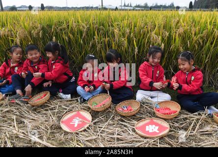 Changxing cinese della provincia dello Zhejiang. 6 Nov, 2019. Bambini Carte tagliato nella forma di riso orecchie sotto la guida del loro insegnante in un campo di riso in Lijiaxiang township di Changxing County, est della Cina di Provincia dello Zhejiang, nov. 6, 2019. Utilizzando terreni agricoli locali risorse, un asilo nido nel Lijiaxiang Township della contea di Changxing terrà una classe speciale in campi di riso mercoledì per aiutare i bambini a imparare la conoscenza del riso e di sperimentare la gioia del raccolto attraverso una serie di attività all'aperto. Credito: Xu Yu/Xinhua/Alamy Live News Foto Stock