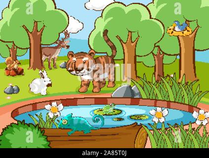 In scena con molti animali nella foresta illustrazione Illustrazione Vettoriale