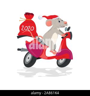 Anno nuovo biglietto di auguri con il simbolo 2020 - grigio cute di topo o di ratto a cavallo di uno scooter con un sacco di regali. Illustrazione Vettoriale
