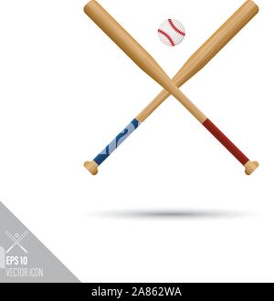 Stile liscio attraversato mazze da baseball e la sfera e la relativa icona. Attrezzature sportive illustrazione vettoriale. Illustrazione Vettoriale