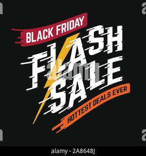 Venerdì nero Vendita Flash offerte più caldi mai banner vettore con orditi sans-serif font sul rapido effetto di testo e sfondo nero. Illustrazione Vettoriale