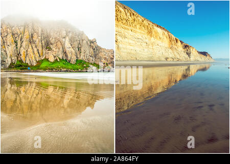 Delle zone costiere e di concetto natura presentato nel dittico formato. Sulla sinistra è il Morro la spiaggia di roccia. Sulla destra è Torrey Pines State Beach. Foto Stock