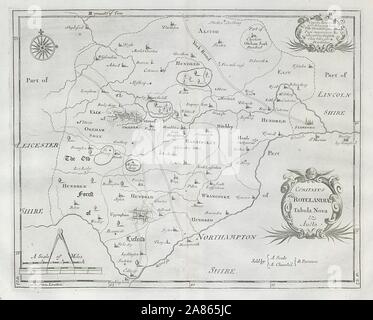 Rutland. "COMITATUS ROTELANDIAE' DI ROBERT MORDEN. A Uppingham & Oakham 1722 mappa Foto Stock