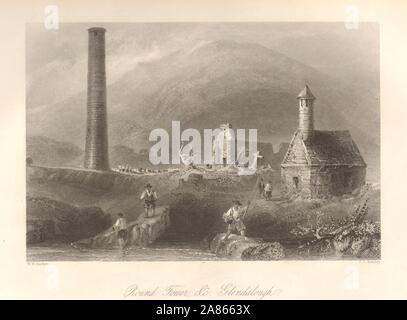 Round Tower &c. Glendalough, County Wicklow. L'Irlanda 1843 antica stampa Foto Stock