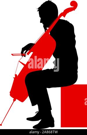 I contorni di un musicista che gioca il violoncello su uno sfondo bianco. Illustrazione Vettoriale