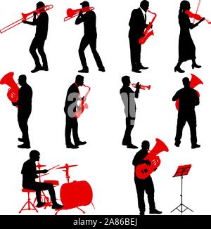 Impostare silhouette di un musicista che gioca il trombone, batterista, tuba, tromba, sassofono, violino su uno sfondo bianco. Illustrazione Vettoriale
