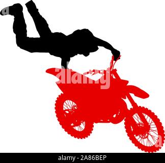 Silhouette di un motociclista di eseguire trick su sfondo bianco. Illustrazione Vettoriale