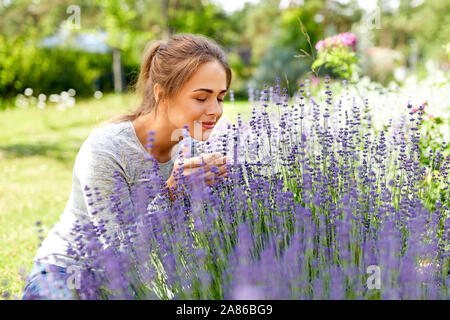 Giovane donna profumati fiori di lavanda in giardino Foto Stock