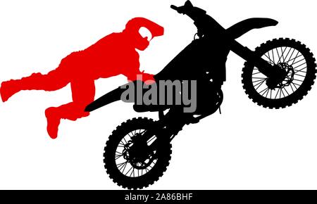 Silhouette di un motociclista di eseguire trick su sfondo bianco. Illustrazione Vettoriale