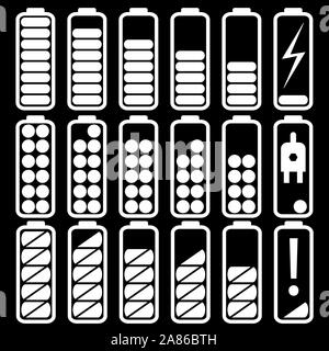 Piatto web icone indicatori del livello di carica delle pile e degli accumulatori. Illustrazione Vettoriale