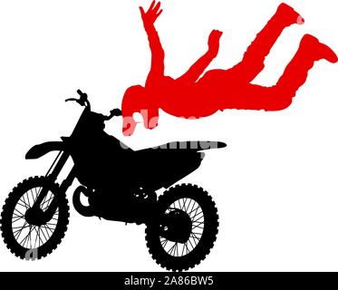 Silhouette di un motociclista di eseguire trick su sfondo bianco. Illustrazione Vettoriale