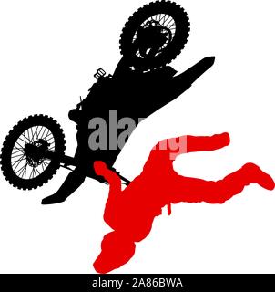 Silhouette di un motociclista di eseguire trick su sfondo bianco. Illustrazione Vettoriale