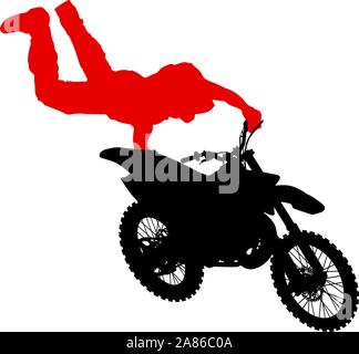 Silhouette di un motociclista di eseguire trick su sfondo bianco. Illustrazione Vettoriale