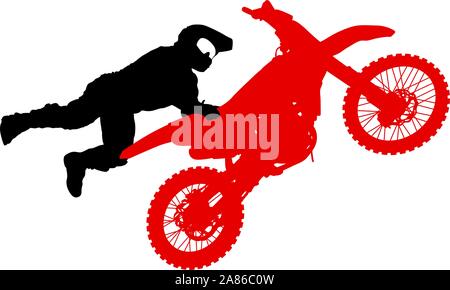 Silhouette di un motociclista di eseguire trick su sfondo bianco. Illustrazione Vettoriale