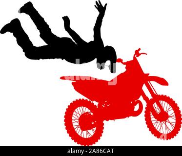 Silhouette di un motociclista di eseguire trick su sfondo bianco. Illustrazione Vettoriale