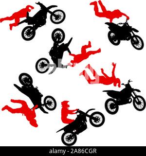 Impostare silhouette di un motociclista di eseguire trick su sfondo bianco. Illustrazione Vettoriale