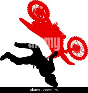 Silhouette di un motociclista di eseguire trick su sfondo bianco. Illustrazione Vettoriale