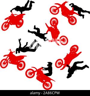Impostare silhouette di un motociclista di eseguire trick su sfondo bianco. Illustrazione Vettoriale