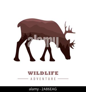 Wildlife adventure elk silhouette con paesaggio forestale illustrazione vettoriale EPS10 Illustrazione Vettoriale