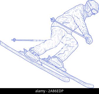 Montagna sciatore di slalom silhouette schizzo su sfondo bianco. Illustrazione Vettoriale