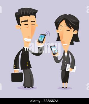 Il giapponese la gente di affari con gli smartphone, illustrazione vettoriale cartoon. Illustrazione Vettoriale