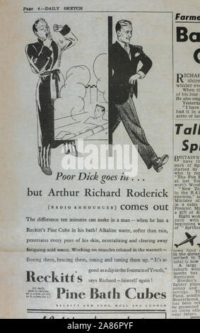 Annuncio per Reckitt di Pino cubetti bagno: Daily Sketch giornale (replica), 29 agosto 1940 (durante il Blitz). Foto Stock