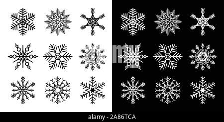 Set di fiocchi di neve isolato illustrazione vettoriale in entrambe le versioni in bianco e nero Illustrazione Vettoriale
