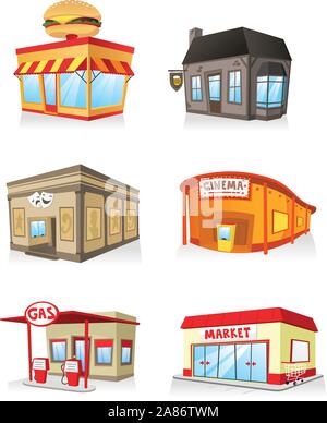 Edificio pubblico cartoon set, un ristorante fast food, il cinema, la stazione di gas, teatro, bar, super market, mercato servizio industria. Illustrazione Vettoriale