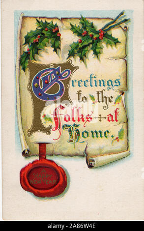 Un vecchio stile nuovo anno di post card illustrazione da c. 1911 "Saluti a la gente a casa..Felice Anno Nuovo". Foto Stock