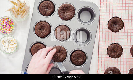 Lay piatto. Passo dopo passo. Il raffreddamento appena sfornato tortini di cioccolato su una griglia di raffreddamento. Foto Stock