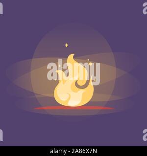 La masterizzazione di falò con luci e scintille. Giallo fuoco pronto per l'animazione su sfondo scuro. Piatto di clipart vettoriali illustrazione. Caldo rosso-arancione fiamma elemento di design. Campfire semplice vettore icona con candelette Illustrazione Vettoriale