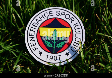 6 settembre 2019 Istanbul, Turchia. L'emblema del bagno turco club di calcio Fenerbahce Istanbul sull'erba verde del campo di calcio. Foto Stock