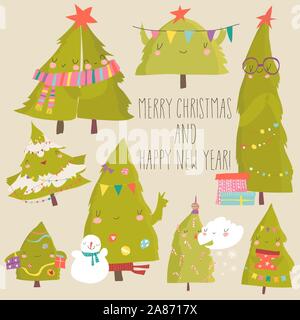 Serie di cartoni animati di alberi di Natale. Auguri di Buon Natale Illustrazione Vettoriale