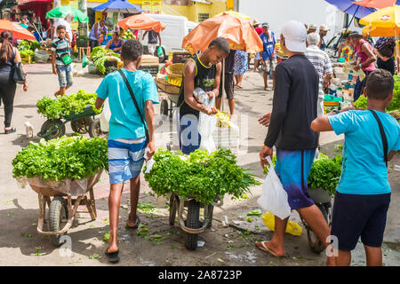 Salvador, Brasile - Circa nel settembre 2019: Ragazzi vendere insalata sulla strada di fronte al mercato pubblico di Itapua Foto Stock