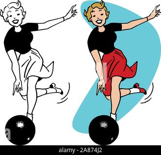 Un cartoon di una donna di lanciare una palla da bowling in un impianto da bowling. Illustrazione Vettoriale