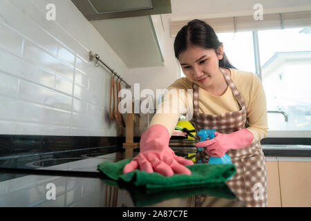 Donna asiatica che indossa di protezione di gomma Guanti rosa, tenendo rag e la bottiglia spray detergente, mani al suo fianchi, osservando pulire e frizzante con cucina. H Foto Stock
