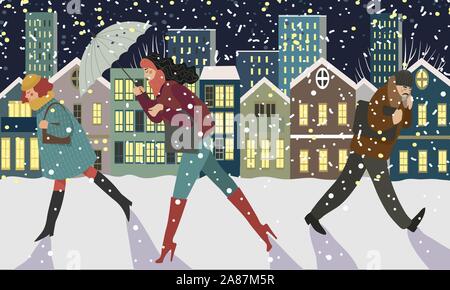 La gente a piedi di sera città - concetto moderno illustrazione di uomini e donne a piedi sotto la neve sulla strada contro lo sfondo di urbano Illustrazione Vettoriale