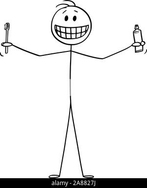 Vector cartoon stick figura disegno illustrazione concettuale dell uomo sorridente che mostra i suoi denti, e in possesso di spazzolino da denti o uno spazzolino da denti e dentifricio o pasta dentifricia in mani. Illustrazione Vettoriale