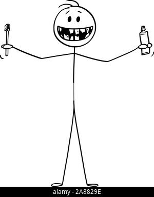 Vector cartoon stick figura disegno illustrazione concettuale dell uomo sorridente che mostra il suo cattivo denti, e in possesso di spazzolino da denti o uno spazzolino da denti e dentifricio o pasta dentifricia in mani. Illustrazione Vettoriale