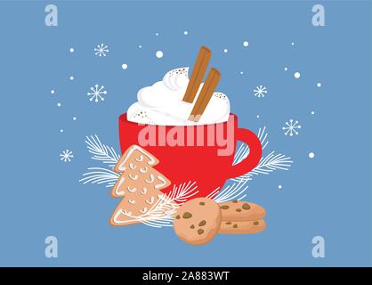 Natale biglietto di auguri, winter invitation con red tazza di una bevanda calda. Il cacao o caffè decorato con bastoncini cinnamone, gingerbread cookie e abete Illustrazione Vettoriale