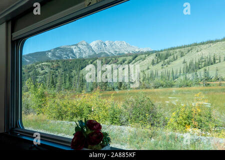 Canadian Rockies da una cabina singola sul canadese, tramite la ferrovia trans-Canada treno da Vancouver a Toronto Foto Stock