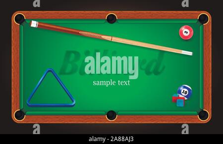Biliardo poster. Tavolo da biliardo illustrazione dello sfondo con palle da biliardo e biliardo chalk e cue Illustrazione Vettoriale