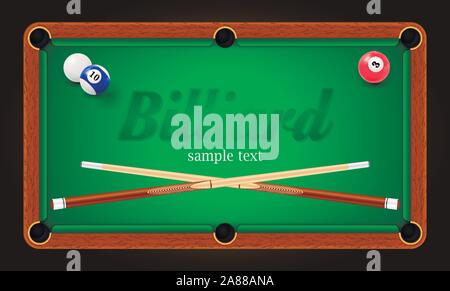 Biliardo poster. Tavolo da biliardo illustrazione dello sfondo con palle da biliardo e biliardo chalk e cue Illustrazione Vettoriale